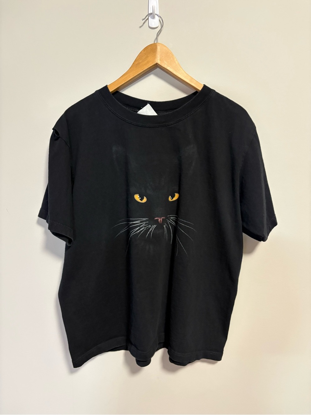 VTG 90s Black Cat Face Yellow Eyes T-Shirt
